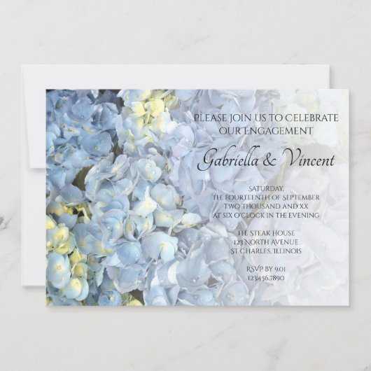 青いアジサイの花柄の婚約パーティ 招待状 (正面)
