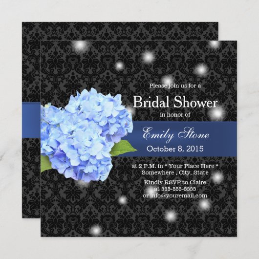 青いアジサイ及びホタルのエレガントなブライダルシャワー 招待状 (正面/裏面)
