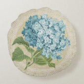 青いアジサイ及びレースの花のヴィンテージの枕 ラウンドクッション (裏面)