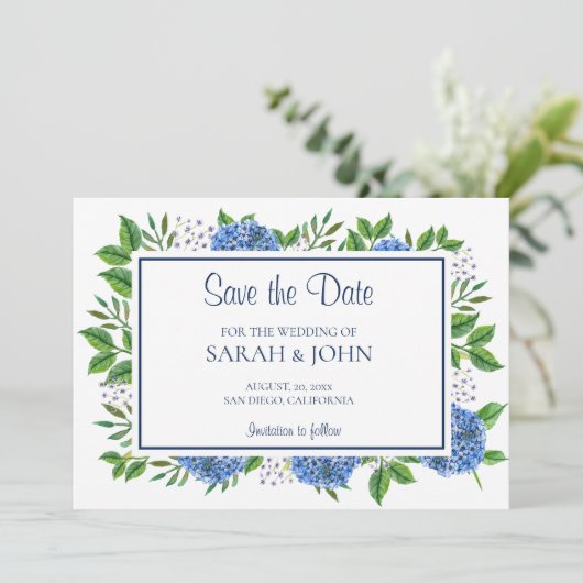 青いアジサイ水彩写真の保存日 招待状 (スタンド正面)