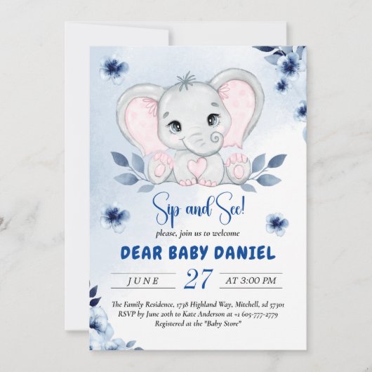 青いアネモネのゾウの水彩画 シップ・アンド・シー 招待状 (正面)