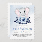 青いアネモネの水色の赤ちゃんシャワーを持つ象 招待状 (正面/裏面)