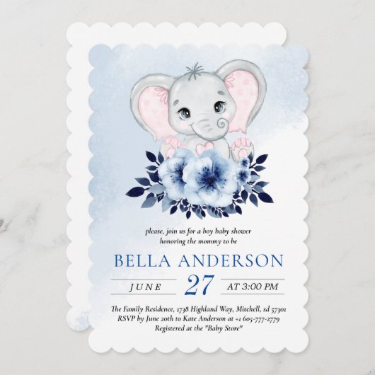 青いアネモネの水色の赤ちゃんシャワーを持つ象 招待状 (正面/裏面)