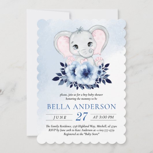 青いアネモネの水色の赤ちゃんシャワーを持つ象 招待状 (正面)
