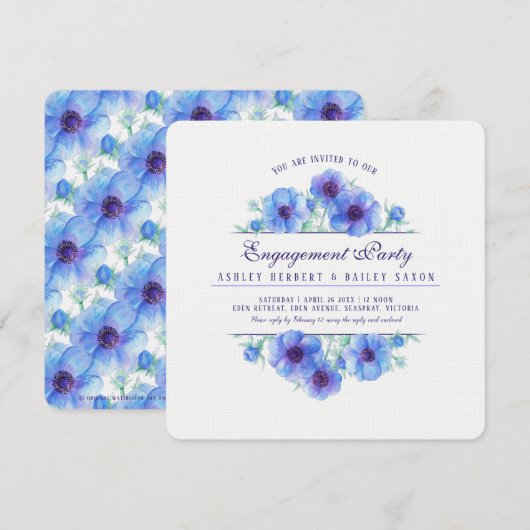 青いアネモネの花の水彩画によるエンゲージメントのお知らせ 招待状 (正面/裏面)