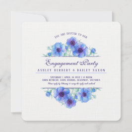 青いアネモネの花の水彩画によるエンゲージメントのお知らせ 招待状