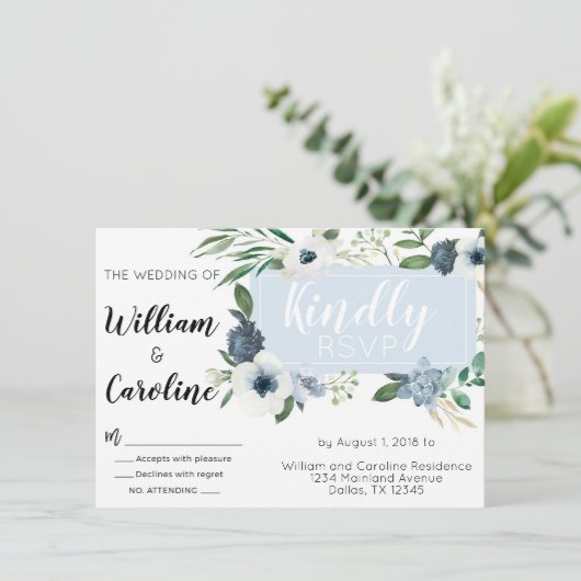 青いアネモネの花の結婚式の出欠確認カード 招待状 (スタンド正面)