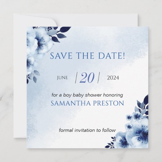 青いアネモネを持つゾウ男の子のシャワー セーブザデート (裏面)