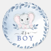 青いアネモネを持つゾウ男の子のシャワー ラウンドシール (正面)