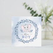 青いアネモネスの男の子の赤ちゃんシャワーを持つ象 サンキューカード (スタンド正面)