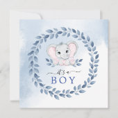 青いアネモネスの男の子の赤ちゃんシャワーを持つ象 サンキューカード (正面)