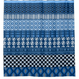 青いアフリカパターン組合せ シャワーカーテン