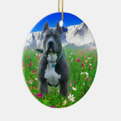 青いアメリカのピット・ブルテリア、穂先のピーク セラミックオーナメント (右)