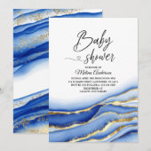 青いアルコールインクテクスチャの水彩ベビーシャワー 招待状 (正面/裏面)