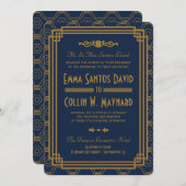 青いアールデコの結婚式 招待状 (正面/裏面)