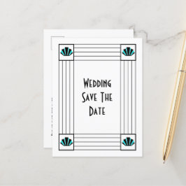 青いアールデコデザイン結婚式の日付を保存 案内ポストカード
