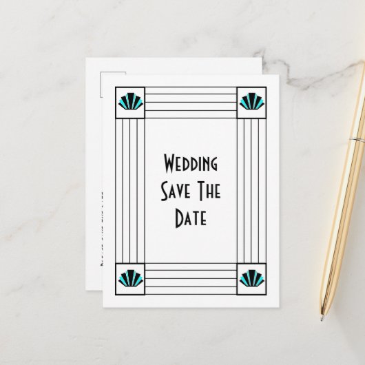 青いアールデコデザイン結婚式の日付を保存 案内ポストカード (正面/裏面インサイチュ)