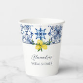 青いイタリアのタイルと黄色のレモン ブライダルシャワーのお祝い 紙コップ (裏面)