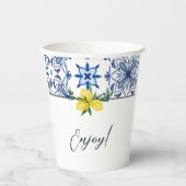 青いイタリアのタイルと黄色のレモン ブライダルシャワーのお祝い 紙コップ (正面)