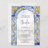 青いイタリアンタイルのアーチレモンの誕生日パーティー 招待状 (正面)
