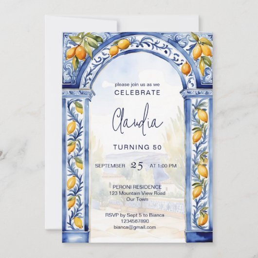 青いイタリアンタイルのアーチレモンの誕生日パーティー 招待状 (正面)