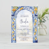 青いイタリアンタイルのアーチレモンの誕生日パーティー 招待状 (スタンド正面)