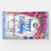 青いイタリアンタイルピンクの花マンマミアパーティー 横断幕 (横)