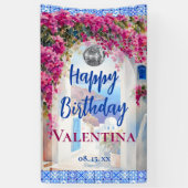 青いイタリアンタイルピンクの花マンマミアパーティー 横断幕 (縦)