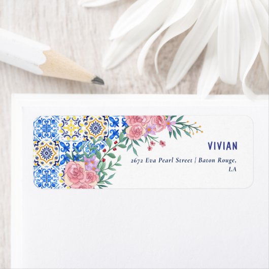 青いイタリアンタイル乳房Miaリターンアドレス ラベル (インサイチュ)