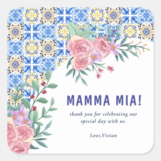 青いイタリアンタイル乳房Mia赤ちゃんシャワー スクエアシール (正面)