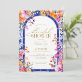 青いイタリアンタイル明るい花ブライダルシャワー 招待状 (スタンド正面)