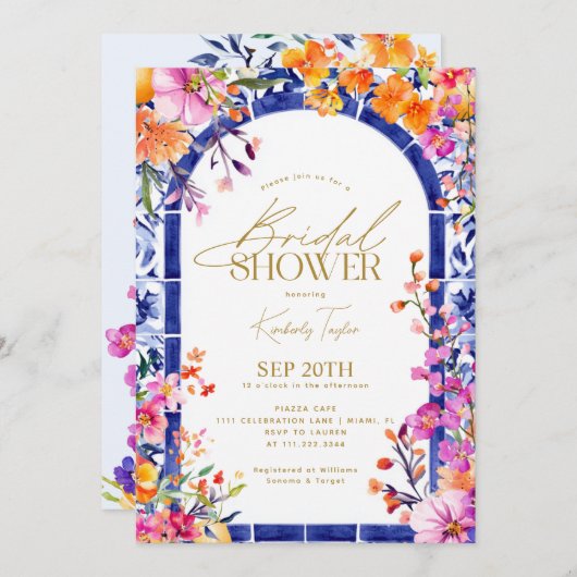 青いイタリアンタイル明るい花ブライダルシャワー 招待状 (正面/裏面)