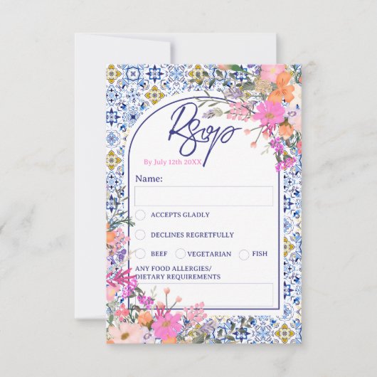 青いイタリアンタイル水の色のフローラ結婚式svp 招待状 (正面)