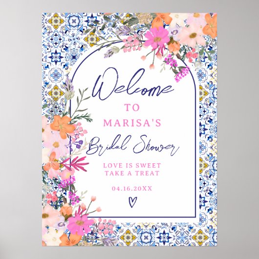 青いイタリアンタイル水カラーフローラブライダルへようこそ ポスター (正面)