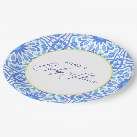 青いイタリアンタイル黄色のライン赤ちゃんシャワースクリプト ペーパープレート (アングル)