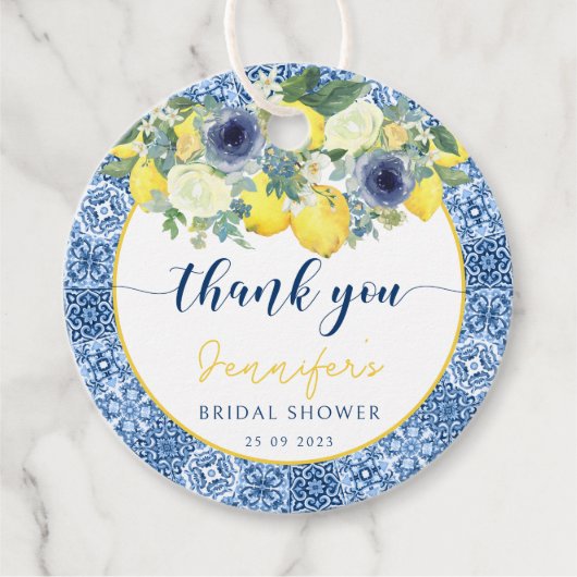 青いイタリアン メディテレーニアンのウェディングシャワーのお礼 フェイバータグ (正面)