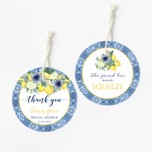 青いイタリアン メディテレーニアンのウェディングシャワーのお礼 フェイバータグ