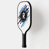 青いイニシャルで任意の絵を描ストライプ ピックルボールラケット (左)