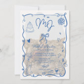 青いイニシャルの手図解入りの、写真付きの描き結婚写真 招待状 (正面)