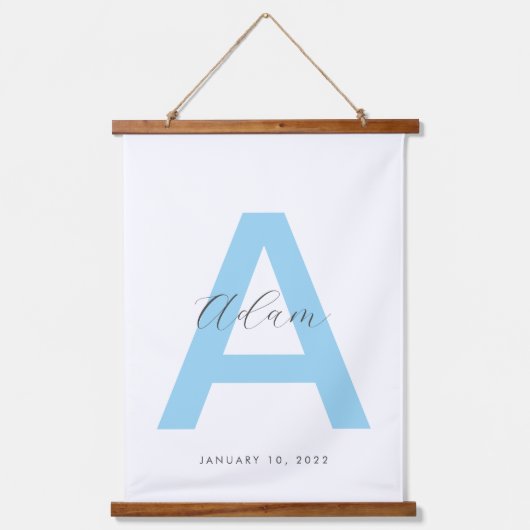青いイニシャル名パーソナライズされた 吊り下げ型タペストリー (正面)