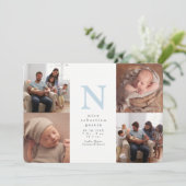 青いイニシャル４枚の写真コラージュ男の子誕生 案内状 (スタンド正面)