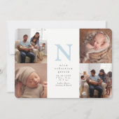 青いイニシャル４枚の写真コラージュ男の子誕生 案内状 (正面)