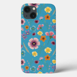 青いイヤホンケースの草花 iPhone 13ケース