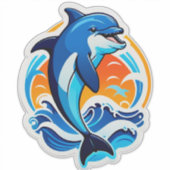 青いイルカが海の波をジャンプ シール (正面)