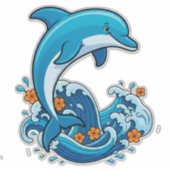 青いイルカが海の波をジャンプ シール (正面)