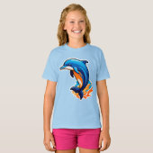 青いイルカが海の波をジャンプ Tシャツ (正面フル)