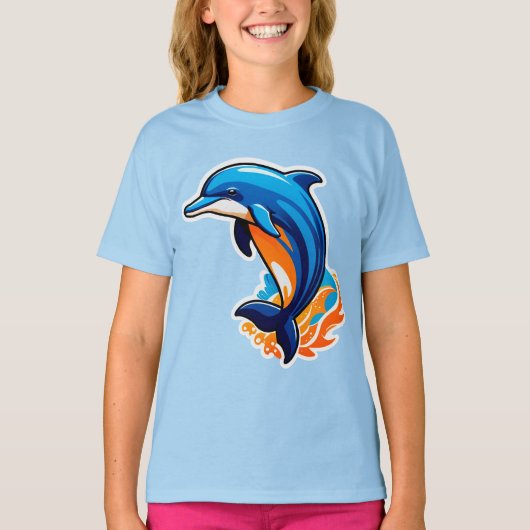 青いイルカが海の波をジャンプ Tシャツ (正面)