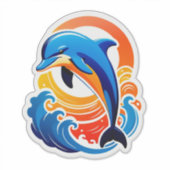 青いイルカが海の波を飛び越える シール (正面)
