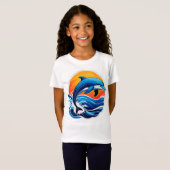 青いイルカが海の波を飛び越える Tシャツ (正面フル)