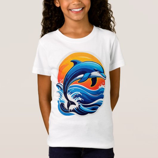 青いイルカが海の波を飛び越える Tシャツ (正面)